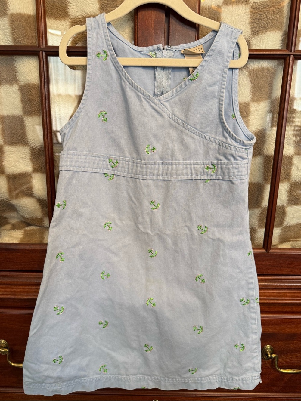 Vintage L.L.Bean Light Blue Girls' Cotton Dress with Green Anchor Detail